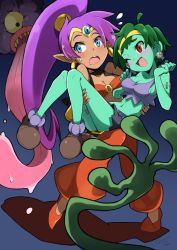 Rule 34 | 2girls, artist name, blue eyes, blush, breasts, carrying, cleavage, colored skin, dark skin, dark-skinned female, earrings, green hair, green skin, hairband, harem pants, hoop earrings, io naomichi, jewelry, long hair, monster, multiple girls, navel, open mouth, pants, pointy ears, pointy footwear, ponytail, princess carry, purple hair, red eyes, rottytops, saliva, shantae, shantae (series), shantae and the pirate&#039;s curse, shoes, short hair, shorts, simple background, skull earrings, stitches, sweatdrop, tiara, tongue, vest