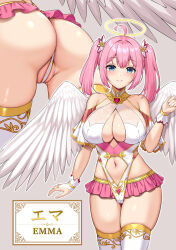 Rule 34 | 1girl, ahoge, angel wings, ass, ayase-mio, bare shoulders, blue eyes, blush, breasts, bridal gauntlets, character name, cleavage, cleavage cutout, closed mouth, clothing cutout, commentary request, double-parted bangs, feathered wings, gem, gold trim, hair between eyes, hair ornament, halo, halter leotard, halterneck, hand up, heart-shaped gem, highleg, highleg leotard, highres, large breasts, leotard, looking at viewer, lower body, microskirt, navel, navel cutout, original, partially visible vulva, pink hair, pink skirt, red gemstone, skindentation, skirt, smile, solo, thick thighs, thighhighs, thighs, twintails, white bridal gauntlets, white thighhighs, white wings, wings, yellow halo