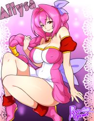 Rule 34 | 1girl, agawa ryou, artist name, bare shoulders, braid, breasts, dress, covered erect nipples, female focus, hair ornament, hair ribbon, jewelry, large breasts, legs, long hair, necklace, pink hair, red eyes, ribbon, shoes, signature, skirt, solo, squatting