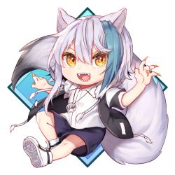 Rule 34 | 1girl, animal ears, arms up, blue background, blue hair, blue shorts, chibi, claws, drawstring, fur-trimmed collar, fur trim, gunjou row, hair between eyes, high tops, jacket, jewelry, knee up, looking at viewer, multicolored hair, necklace, open clothes, open jacket, open mouth, original, outstretched leg, peace symbol, sharp teeth, shirt, shoes, short sleeves, shorts, silver hair, simple background, sitting, sneakers, solo, streaked hair, tail, teeth, two-tone background, white background, white footwear, white shirt, wolf ears, wolf tail, yellow eyes