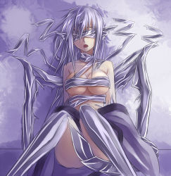 Rule 34 | bandages, blindfold, breasts, cleavage, grey hair, pointy ears, sukumo (kemutai), torn clothes, wings