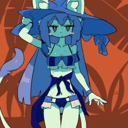 Rule 34 | 1girl, blue hair, brown eyes, cat, female focus, furry, furry female, hat, long hair, looking at viewer, simple background, solo, the amboina