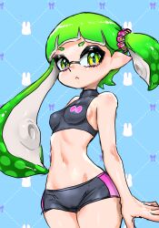 Rule 34 | 1girl, :&lt;, bare arms, bare shoulders, bike shorts, black shorts, blue pupils, closed mouth, cowboy shot, freckles, gradient eyes, green eyes, green hair, groin, highres, inkling, inkling girl, inkling player character, koharu2.5, light blue background, long hair, multicolored eyes, navel, nintendo, one side up, pink eyes, pointy ears, short eyebrows, shorts, solo, splatoon (series), suction cups, tentacle hair, yellow eyes