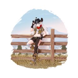 Rule 34 | 1girl, absurdres, against fence, alternate costume, belt, black gloves, blue eyes, boots, clothing cutout, cowboy hat, crop top, dm (nguyen dm95), fence, fingerless gloves, full body, gloves, goddess of victory: nikke, hat, highres, jacket, long hair, looking at viewer, midriff, navel, outdoors, poli (nikke), shirt, shoes, smile, solo, standing, thigh cutout, wavy hair, white hair
