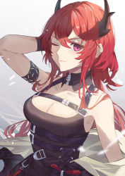 Rule 34 | 1girl, arknights, arm up, armband, bare shoulders, black dress, breasts, cleavage, commentary, dress, highres, horns, infection monitor (arknights), large breasts, long hair, looking at viewer, metaru, one eye closed, purple eyes, red hair, sleeveless, sleeveless dress, solo, surtr (arknights), upper body, very long hair