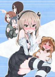 Rule 34 | 5girls, :d, alternate eye color, animal costume, animal hood, azumi (girls und panzer), bandages, bear costume, bear hood, bikini, bikini top only, black bikini, black choker, black eyes, black hair, black legwear, black panties, black skirt, blue eyes, blush, blush stickers, boko (girls und panzer), breasts, brown eyes, brown hair, brown jumpsuit, casual, choker, clenched hands, collared shirt, commentary request, female pervert, gaijin 4koma (meme), girls und panzer, glasses, grey eyes, grey hair, half-closed eyes, heart, heart-shaped pupils, high-waist skirt, highres, hood, jumpsuit, layered skirt, legs, light brown hair, long hair, long sleeves, looking at another, looking at viewer, lying, medium breasts, megumi (girls und panzer), meme, miniskirt, multiple girls, nishizumi miho, no bra, not on shana, off shoulder, on side, open jumpsuit, open mouth, opened by self, panties, pantyshot, parted bangs, pervert, pointing, red eyes, rumi (girls und panzer), shimada arisu, shirt, short hair, side ponytail, sitting, skindentation, skirt, small breasts, smile, sparkle, standing, striped clothes, striped legwear, striped thighhighs, sweat, swept bangs, swimsuit, symbol-shaped pupils, tearing up, thighhighs, underwear, v, wavy hair, white shirt