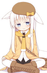 Rule 34 | 1girl, animal ears, ayanepuna, bag, beret, black skirt, blouse, blue eyes, blush, boots, bow, brown footwear, brown hat, brown jacket, closed mouth, collared shirt, colored eyelashes, cross-laced footwear, dress shirt, full body, hand on own knee, hat, hat bow, highres, hood, hood down, hooded jacket, jacket, lace-up boots, long hair, long sleeves, looking at viewer, original, pleated skirt, shadow, shio (ayanepuna), shirt, shoulder bag, sitting, skirt, sleeves past wrists, smile, solo, tail, thighhighs, thighhighs under boots, very long hair, white background, white hair, white shirt, white thighhighs, yellow bow