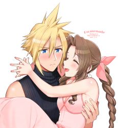 Rule 34 | 1boy, 1girl, 2021, aerith gainsborough, arms around neck, bad id, bad pixiv id, bare arms, black sweater, blonde hair, blue eyes, bow, braid, braided ponytail, breasts, brown hair, carrying, choker, cleavage, closed eyes, cloud strife, couple, dated, dress, final fantasy, final fantasy vii, hair between eyes, hair bow, hair intakes, hetero, krudears, long hair, nail polish, pink bow, pink dress, pink nails, ponytail, princess carry, ribbed sweater, ribbon choker, shiny skin, sideboob, simple background, sleeveless, sleeveless dress, sleeveless sweater, small breasts, spiked hair, sweatdrop, sweater, turtleneck, turtleneck sweater, twitter username, watermark, white background