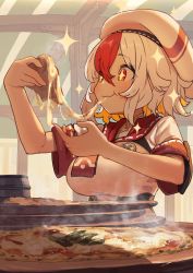 Rule 34 | 1girl, absurdres, blonde hair, blush, cheese trail, eating, food, greentanuki, hat, highres, holding, holding food, holding pizza, multicolored hair, nina (greentanuki), original, pizza, pizza slice, red eyes, red hair, shorts, smile, solo, steam, upper body, white hair