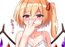 Rule 34 | 1girl, bare shoulders, blonde hair, blush, breasts, camisole, cleavage, collarbone, crystal, flandre scarlet, furrowed brow, hair ribbon, hand to own mouth, heart, highres, kiui (dagk8254), looking at hand, one side up, open mouth, red eyes, red ribbon, ribbon, simple background, small breasts, solo, suggestive fluid, sweat, sweatdrop, touhou, upper body, white background, white camisole, wings