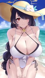 Rule 34 | 1girl, absurdres, alternate breast size, bare arms, bare shoulders, beach, black hair, blue archive, blush, breasts, cleavage, closed mouth, collarbone, cross, cross earrings, day, earrings, eyes visible through hair, halo, hat, hat ornament, highres, hinata (blue archive), hinata (swimsuit) (blue archive), jewelry, large breasts, leaning forward, long hair, looking at viewer, ocean, one-piece swimsuit, outdoors, red eyes, smile, solo, swimsuit, thigh gap, thighs, water, wee (weeyy), white one-piece swimsuit, yellow hat