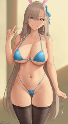 Rule 34 | 1girl, absurdres, animal ears, asuna (blue archive), bikini, blue archive, blue bikini, blue eyes, blue ribbon, blush, breasts, brown hair, cameltoe, cleavage, cowboy shot, gluteal fold, grin, groin, hair ribbon, hand up, highres, jewelry, large breasts, light brown hair, long hair, looking at viewer, micro bikini, mole, mole on breast, navel, rabbit ears, ribbon, ring, skindentation, smile, solo, stomach, swimsuit, thighhighs, thighs, underbite, v, very long hair, zaphn
