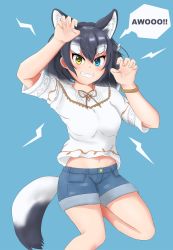 Rule 34 | 1girl, animal ear fluff, animal ears, artist request, bad id, bad pixiv id, black hair, blue background, blue eyes, blush, breasts, casual, commentary, commentary request, grey wolf (kemono friends), grin, heterochromia, highres, kemono friends, kemono friends 3, looking at viewer, medium breasts, midriff, multicolored hair, navel, shorts, simple background, smile, solo, speech bubble, tail, two-tone hair, white hair, wolf ears, wolf girl, wolf tail, yellow eyes