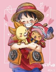 Rule 34 | &gt; &lt;, ^ ^, antlers, black hair, blush, carrying, carrying person, closed eyes, commentary request, hat, heart, highres, horns, male focus, monkey d. luffy, multiple boys, one piece, one piece film: red, pink background, reindeer antlers, scar, scar on face, short hair, smile, straw hat, thousand sunny, tony tony chopper, upper body, wakitorisuki