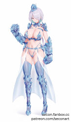 Rule 34 | 1girl, alternate costume, armor, armored boots, bikini, bikini armor, blue eyes, blue thighhighs, boots, breasts, brid (nikke), clenched hands, closed mouth, commentary, earrings, fanbox username, full body, garrison cap, garter belt, gauntlets, goddess of victory: nikke, green hair, grey hair, groin, hair between eyes, hair over one eye, hat, high heel boots, high heels, highleg, highleg bikini, highres, jewelry, large breasts, long hair, looking at viewer, low-tied long hair, low ponytail, mole, mole on breast, multicolored hair, navel, paid reward available, patreon username, revealing clothes, secon, see-through cape, shadow, shoulder armor, sidelocks, simple background, skindentation, smile, solo, standing, stomach, swimsuit, thighhighs, two-tone hair, visor (armor), waist cape, watermark, web address, white background, white hair