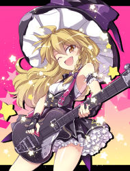 Rule 34 | 1girl, ;d, adapted costume, arm belt, arm cuffs, armpits, bare shoulders, black gloves, blonde hair, bloomers, blush, bow, braid, buttons, dress, electric guitar, fang, fingerless gloves, fingernails, frills, gloves, guitar, hat, highres, instrument, kirisame marisa, large hat, long hair, music, nail polish, one eye closed, open mouth, pink background, pink nails, playing instrument, plectrum, purple bow, short dress, single braid, smile, solo, star (symbol), starry background, strap, touhou, touya (the-moon), underwear, witch hat, yellow eyes