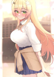Rule 34 | 1girl, blonde hair, blurry, blurry background, blush, bow, bowtie, breasts, brown bow, brown bowtie, brown cardigan, cardigan, cardigan around waist, closed mouth, clothes around waist, collared shirt, flower, from side, green eyes, hair between eyes, hair flower, hair ornament, hairclip, highres, hololive, large breasts, long hair, looking at viewer, mofu07519, momosuzu nene, outdoors, pleated skirt, school uniform, shirt, skirt, solo, virtual youtuber, white shirt
