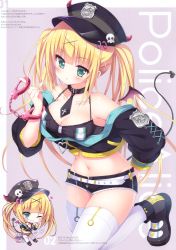 Rule 34 | 1girl, absurdres, aqua eyes, bare shoulders, belt, black hat, black jacket, black shirt, black shorts, blonde hair, breasts, camisole, chibi, choker, cleavage, collarbone, crop top, cropped jacket, cuffs, demon tail, demon wings, groin, hair ornament, handcuffs, hat, highres, jacket, leg up, long hair, long sleeves, looking at viewer, medium breasts, midriff, mini wings, navel, necktie, off-shoulder jacket, off shoulder, original, peaked cap, picpicgram, police badge, scan, shirt, shoes, short necktie, short shorts, shorts, solo, stomach, tail, thighhighs, twintails, very long hair, white thighhighs, wings, x hair ornament