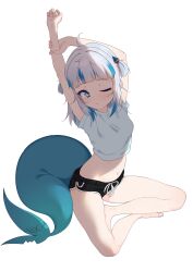 Rule 34 | 1girl, absurdres, ahoge, alternate costume, animal costume, arms up, black shorts, blue eyes, blue hair, blunt bangs, breasts, crop top, dolphin shorts, fins, fish tail, gawr gura, grey hair, hair ornament, hand on own arm, highres, hololive, hololive english, indian style, long hair, lucasyecla99, medium hair, midriff, multicolored hair, navel, no shoes, one eye closed, shark costume, shark girl, shark hair ornament, shark tail, shirt, short shorts, short sleeves, shorts, side ponytail, sitting, small breasts, streaked hair, stretching, tail, thighs, two side up, virtual youtuber, white shirt