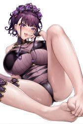 Rule 34 | 1girl, absurdres, black hair, black one-piece swimsuit, breasts, cameltoe, covered navel, fate/grand order, fate (series), flower, foot focus, foreshortening, hair flower, hair ornament, hair up, highleg, highleg swimsuit, highres, large breasts, murasaki shikibu (fate), murasaki shikibu (swimsuit rider) (fate), murasaki shikibu (swimsuit rider) (first ascension) (fate), one-piece swimsuit, purple eyes, roina (effj7473), simple background, single thighhigh, solo, swimsuit, thighhighs, white background