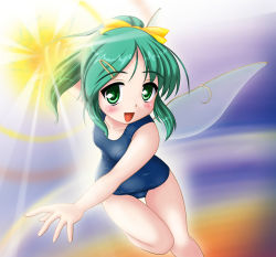 Rule 34 | 1girl, bare arms, bow, collarbone, daiyousei, fairy wings, female focus, glowing, green eyes, green hair, hair bow, hair ornament, hairclip, long hair, matching hair/eyes, neopure, one-piece swimsuit, ponytail, school swimsuit, solo, swimsuit, embodiment of scarlet devil, touhou, wings
