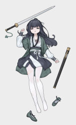 Rule 34 | 1girl, black hair, blood, blood from mouth, blood on clothes, chinese clothes, grey eyes, grey footwear, half-closed eyes, hand up, highres, layered sleeves, long hair, long sleeves, looking at viewer, lying, obi, on back, open clothes, original, pantyhose, ponytail, puffy long sleeves, puffy sleeves, sash, shoes, short over long sleeves, short sleeves, sleeves past wrists, solo, sword, unsheathed, unworn shoes, weapon, white pantyhose, white ph