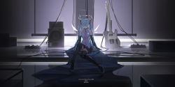 Rule 34 | 1girl, absurdres, android, artist name, bare shoulders, black footwear, black gloves, black skirt, blue hair, boots, cable, character name, closed eyes, closed mouth, collared shirt, dated, elbow gloves, electric guitar, full body, gloves, grey shirt, guitar, halo, hatsune miku, highres, indoors, instrument, joints, long hair, monochrome, necktie, orga (orgacl), pink necktie, reflective floor, robot joints, shirt, sitting, skirt, solo, speaker, stage, thigh boots, twintails, very long hair, vocaloid