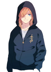 Rule 34 | 1boy, black jacket, blonde hair, blue eyes, casual, closed mouth, collarbone, contemporary, hair over one eye, highres, hood, hood up, hooded jacket, jacket, link, long hair, long sleeves, looking at viewer, male focus, nintendo, saiba (henrietta), shirt, sidelocks, simple background, smile, solo, the legend of zelda, the legend of zelda: breath of the wild, triforce, upper body, white background, white shirt, zipper pull tab
