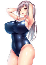 Rule 34 | 1girl, :d, armpits, arms up, blush, breasts, brown eyes, competition school swimsuit, covered navel, covered erect nipples, highres, huge breasts, long hair, looking at viewer, one-piece swimsuit, open mouth, ponytail, red eyes, ringed eyes, school swimsuit, sideboob, silver hair, simple background, skin tight, smile, solo, swimsuit, taut clothes, taut swimsuit, thighs, tongue, tsukumiya amane, white background
