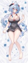 Rule 34 | 1girl, absurdres, ahoge, bare shoulders, black dress, blue flower, blue hair, blush, bow, breasts, cleavage, dress, feet, flower, full body, ganyu (genshin impact), genshin impact, highres, horns, large breasts, legs together, light smile, long hair, looking at viewer, lying, nemuaki, on back, pink nails, purple eyes, red bow, sidelocks, solo, thighs