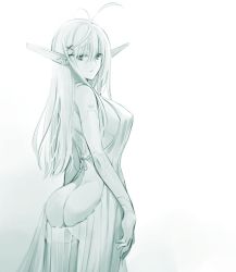Rule 34 | 1girl, ahoge, android, ass, backless dress, backless outfit, breasts, butt crack, dress, elven founder (ishiyumi), expressionless, from side, greyscale, hand on own hip, highres, ishiyumi, large breasts, long hair, looking at viewer, looking back, monochrome, original, robot ears, sideboob, solo