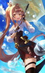 Rule 34 | 1girl, :d, absurdres, ahoge, asymmetrical legwear, belt, brown corset, brown eyes, brown hair, cleavage cutout, clothing cutout, cloud, cloudy sky, corset, crossed bangs, dagger, fingernails, gloves, hair ornament, hairclip, highres, holding, holding umbrella, hololive, hololive english, knife, light rays, looking at viewer, memeguro3000, multicolored hair, nanashi mumei, nanashi mumei (1st costume), open mouth, partially fingerless gloves, pleated skirt, red skirt, runes, shirt, single thighhigh, skirt, sky, smile, streaked hair, teeth, thighhighs, umbrella, upper teeth only, virtual youtuber, water drop, weapon, white shirt