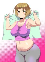 Rule 34 | 10s, 1girl, arms up, ass, bare shoulders, belly, breasts, brown eyes, brown hair, cameltoe, cleavage, gradient background, huge ass, idolmaster, idolmaster cinderella girls, matching hair/eyes, medium breasts, mimura kanako, muffin top, navel, nekokan (cat&#039;s cradle), pink background, plump, shiny skin, short hair, smile, solo, standing, thick thighs, thighs, towel, white background