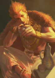 Rule 34 | 1boy, blonde hair, blurry, closed mouth, copyright request, cup, depth of field, earrings, emg (christain), facing viewer, fate (series), fur trim, gilgamesh (fate), hand on own cheek, hand on own face, head rest, holding, holding cup, jewelry, light smile, looking at viewer, male focus, manly, necklace, out of frame, pelt, red eyes, sitting, solo focus, toga, tray, widow&#039;s peak, yellow theme