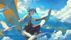 1girl arcane:_league_of_legends art_of_papayou bandaged_torso bird black_choker blue_hair brown_gloves capri_pants choker cloud commentary english_commentary from_side gloves highres holding holding_map island jinx_(league_of_legends) league_of_legends map pants sail shirt short_hair sitting solo tattoo water white_shirt