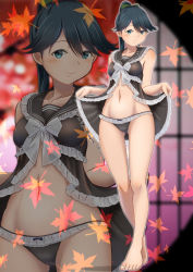 Rule 34 | 1girl, alternate costume, autumn leaves, babydoll, barefoot, black babydoll, black panties, blue eyes, blue hair, blurry, breasts, collarbone, commentary request, dated, depth of field, falling leaves, feet, full body, hair between eyes, high ponytail, houshou (kancolle), kantai collection, leaf, lingerie, moke ro, nail polish, outline, panties, ponytail, shouji, sliding doors, small breasts, smile, solo, standing, swept bangs, toenail polish, toenails, underwear, underwear only