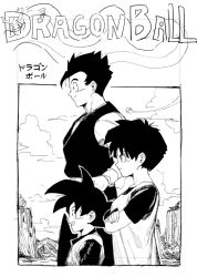 Rule 34 | 1girl, 2boys, child, closed mouth, commentary, copyright name, crossed arms, dragon ball, dragonball z, english commentary, fingerless gloves, gloves, greyscale, grin, height difference, monochrome, multiple boys, profile, shirt, short sleeves, sketch, smile, son gohan, son goten, vest, videl, y naf