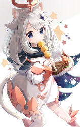 Rule 34 | 1girl, :3, absurdres, animal ear fluff, animal ears, animal ears (norankkori), blue eyes, cat ears, cat tail, dress, fang, fang out, food, genshin impact, hair flaps, hair ornament, hairclip, halo, highres, holding, holding food, long hair, long sleeves, looking at viewer, paimon (genshin impact), revision, simple background, single thighhigh, smile, solo, star (symbol), tail, thighhighs, white hair, white thighhighs