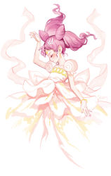 Rule 34 | 1990s (style), 1girl, arm up, big hair, bishoujo senshi sailor moon, bracelet, chibi usa, child, closed eyes, cone hair bun, crescent, crescent facial mark, double bun, dress, facial mark, forehead mark, gown, hair bun, highres, jewelry, pink hair, princess, retro artstyle, shabomu, short hair, small lady serenity, solo, twintails, white background, white dress, white theme