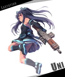 Rule 34 | 10s, 1girl, bare shoulders, black hair, black legwear, breasts, character name, detached sleeves, gun, hair ribbon, jumping, long hair, looking at viewer, neptune (series), panties, red eyes, ribbon, segamark, shoes, simple background, small breasts, smile, sneakers, solo, twintails, two side up, underwear, uni (neptunia), weapon, white background, white panties