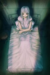 Rule 34 | 1girl, androgynous, bed, crossed arms, from above, game cg, hospital, hospital bed, light, original, pale skin, shadow, sitting, sketch, skinny, solo, white hair