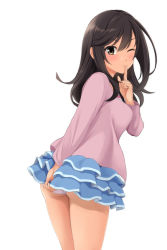 Rule 34 | 1girl, absurdres, arm behind back, ass, black hair, blue skirt, blush, brown eyes, commentary request, finger to mouth, from behind, hand on own ass, highres, ichijou hotaru, index finger raised, leaning forward, long hair, looking at viewer, looking back, miniskirt, non non biyori, nonaka ritsu, one eye closed, panties, pantyshot, pink shirt, shirt, simple background, skirt, solo, thighs, underwear, white background, white panties