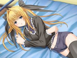Rule 34 | 1girl, bed, blonde hair, blue eyes, game cg, katori rea, long hair, lying, parfait chocolat second brew, shorts, solo, thighhighs, twintails