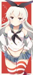 Rule 34 | 10s, 1girl, blonde hair, blue eyes, elbow gloves, female focus, gloves, hairband, harusawa, kantai collection, long hair, panties, panty lift, panty pull, shimakaze (kancolle), smile, solo, striped clothes, striped thighhighs, thighhighs, underwear