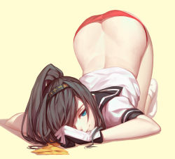 Rule 34 | 10s, 1girl, akizuki (kancolle), aqua eyes, ass, black hair, blue eyes, butt crack, commentary request, full body, gloves, hair over one eye, hairband, high ponytail, highres, kantai collection, long hair, long legs, looking at viewer, neckerchief, nian (zhanian), no pants, panties, ponytail, red panties, revision, school uniform, serafuku, short sleeves, simple background, smile, solo, top-down bottom-up, underwear, yellow background