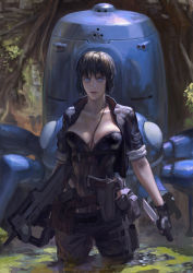 Rule 34 | 1girl, black hair, blue eyes, breasts, bullpup, cleavage, cyberpunk, cyborg, czn-m22, dual wielding, fingerless gloves, ghost in the shell, ghost in the shell stand alone complex, gloves, gun, highres, holding, holster, knife, kusanagi motoko, large breasts, lips, mecha, realistic, reverse grip, rifle, robot, science fiction, short hair, solo, submachine gun, tachikoma, wading, water, weapon, wetland, xiaji