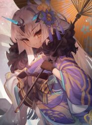 Rule 34 | 1girl, alternate costume, black gloves, fate/grand order, fate (series), flower, forked eyebrows, fur-trimmed kimono, fur trim, gloves, hair flower, hair ornament, hime cut, holding, holding umbrella, horns, japanese clothes, kimono, long hair, long sleeves, looking at viewer, m0 chi, melusine (fate), obi, oil-paper umbrella, sash, sidelocks, smile, solo, umbrella, white hair, yellow eyes
