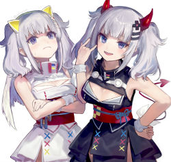 Rule 34 | 2girls, ainy, angel wings, bad id, bad pixiv id, blue eyes, breasts, cleavage cutout, clothing cutout, cowboy shot, crossed arms, demon horns, demon tail, dual persona, frown, hair ornament, highres, horns, kaguya luna, multiple girls, open mouth, sharp teeth, simple background, smile, sweatdrop, tail, teeth, the moon studio, twintails, virtual youtuber, white background, white hair, wings