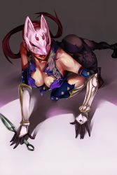 Rule 34 | 1girl, all fours, armor, breasts, cleavage, cover, cover page, diosdemuertenoa, elbow gloves, female focus, fox mask, gloves, greaves, highres, hio (hiomemo), japanese clothes, kunai, kunimitsu (tekken), large breasts, lips, lipstick, long hair, makeup, mask, mole, namco, ninja, red hair, reverse grip, solo, tekken, tekken 2, tekken tag tournament, tekken tag tournament 2, torn clothes, vambraces, weapon