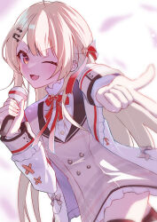 Rule 34 | 1girl, absurdres, aonagi hisame, blonde hair, blush, brown dress, dress, fortissimo, hair ornament, hair ribbon, highres, holding, holding microphone, hololive, hololive dev is, jacket, long hair, looking at viewer, microphone, musical note, musical note hair ornament, one eye closed, otonose kanade, pointing, pointing at viewer, red eyes, red ribbon, ribbon, smile, solo, virtual youtuber, white jacket